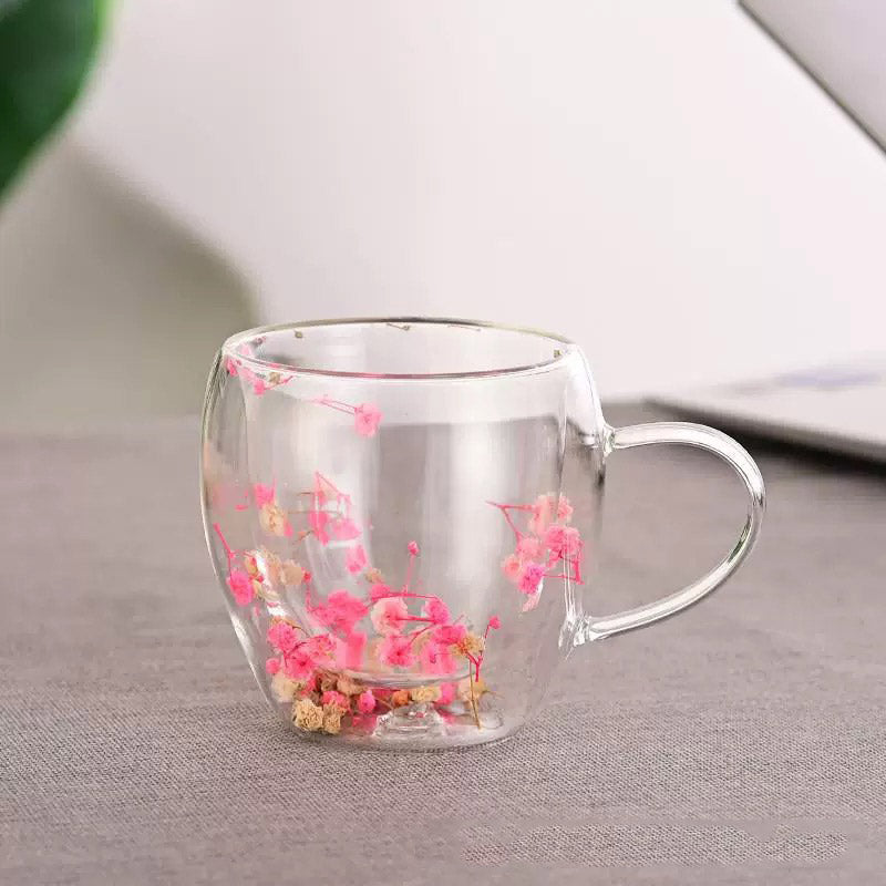 Pink Flower Double Wall Mug 250Ml Kitchen And Dining