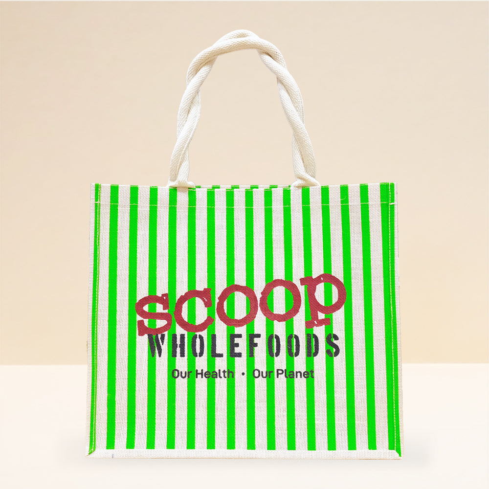 Large Green Stripe Hessian Bag W Scoop Logo