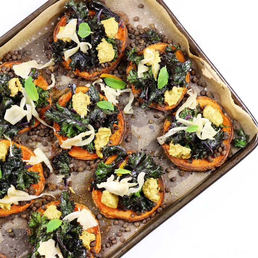 Roast Sweet Potato With Lentils Kale & Nut Cheese