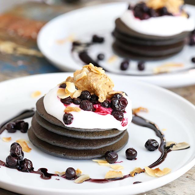 Charcoal Buckwheat Pancakes With Blueberry Molasses Syrup