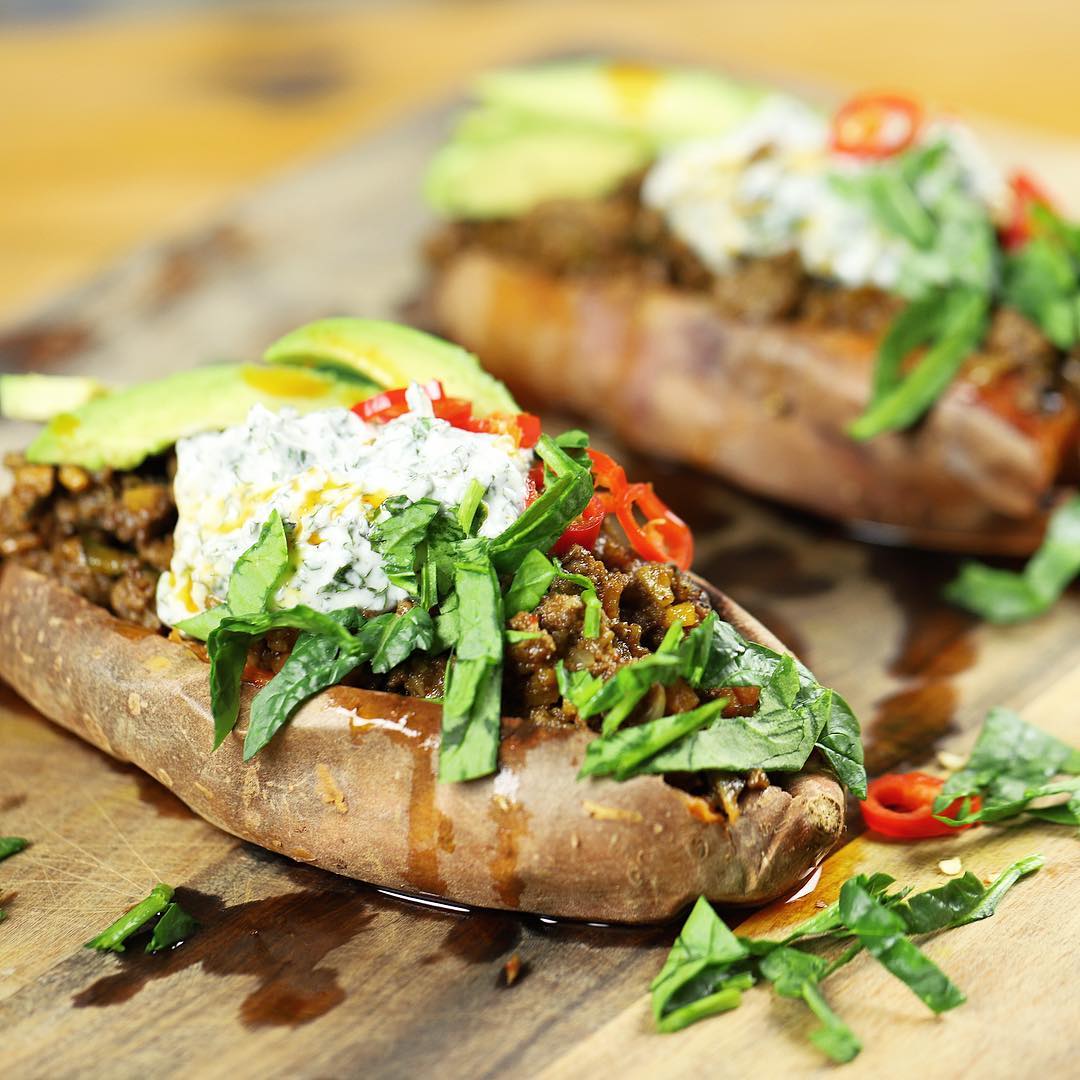 Moroccan Lamb Stuffed Sweet Potato with Mint Coconut Yogurt