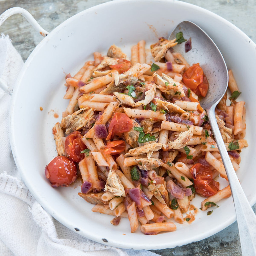 Penne with Tomatoes and Good Fish Mackerel