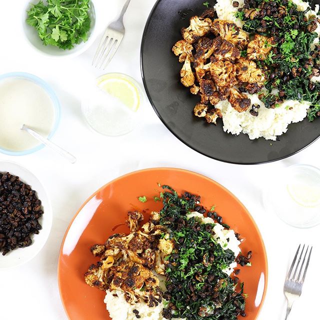Spiced Glazed Cauliflower With Cauliflower Mash Roasted Beans & Kale
