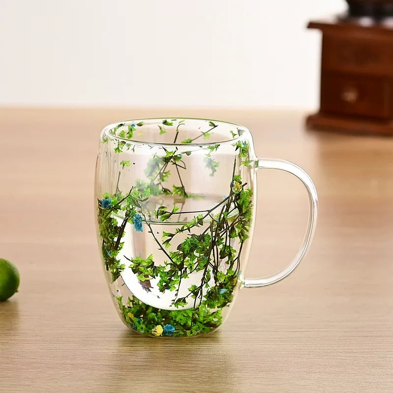 Green Flower Double Wall Mug 350ML Kitchen And Dining