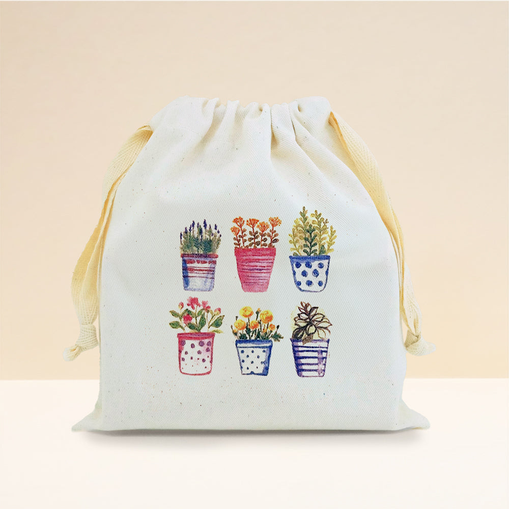 Drawstring Bag 6 Flowers Pot Dots & Stripes Cb Kitchen And Dining