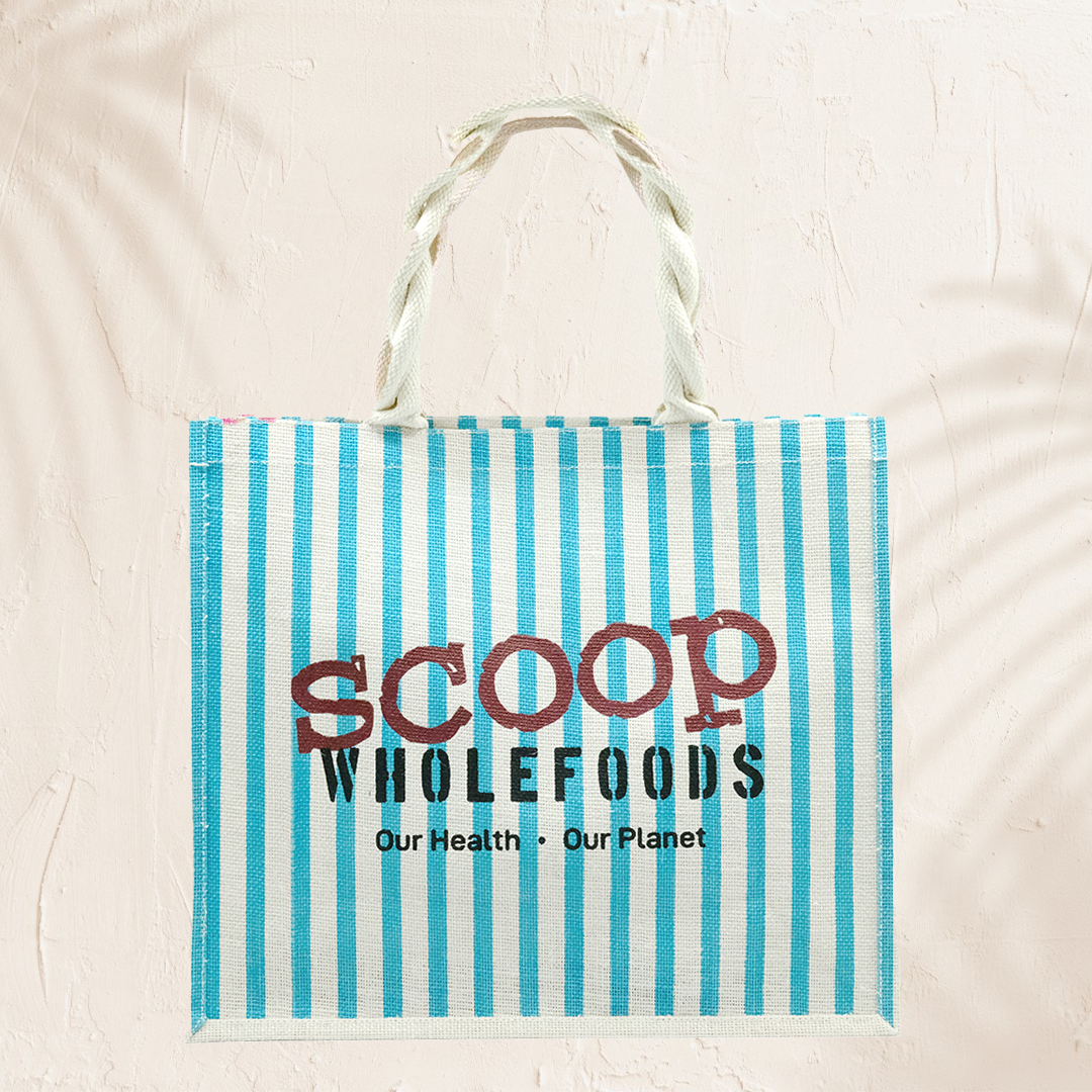 Large Blue Stripe Hessian Bag W Scoop Logo Reusable Bag